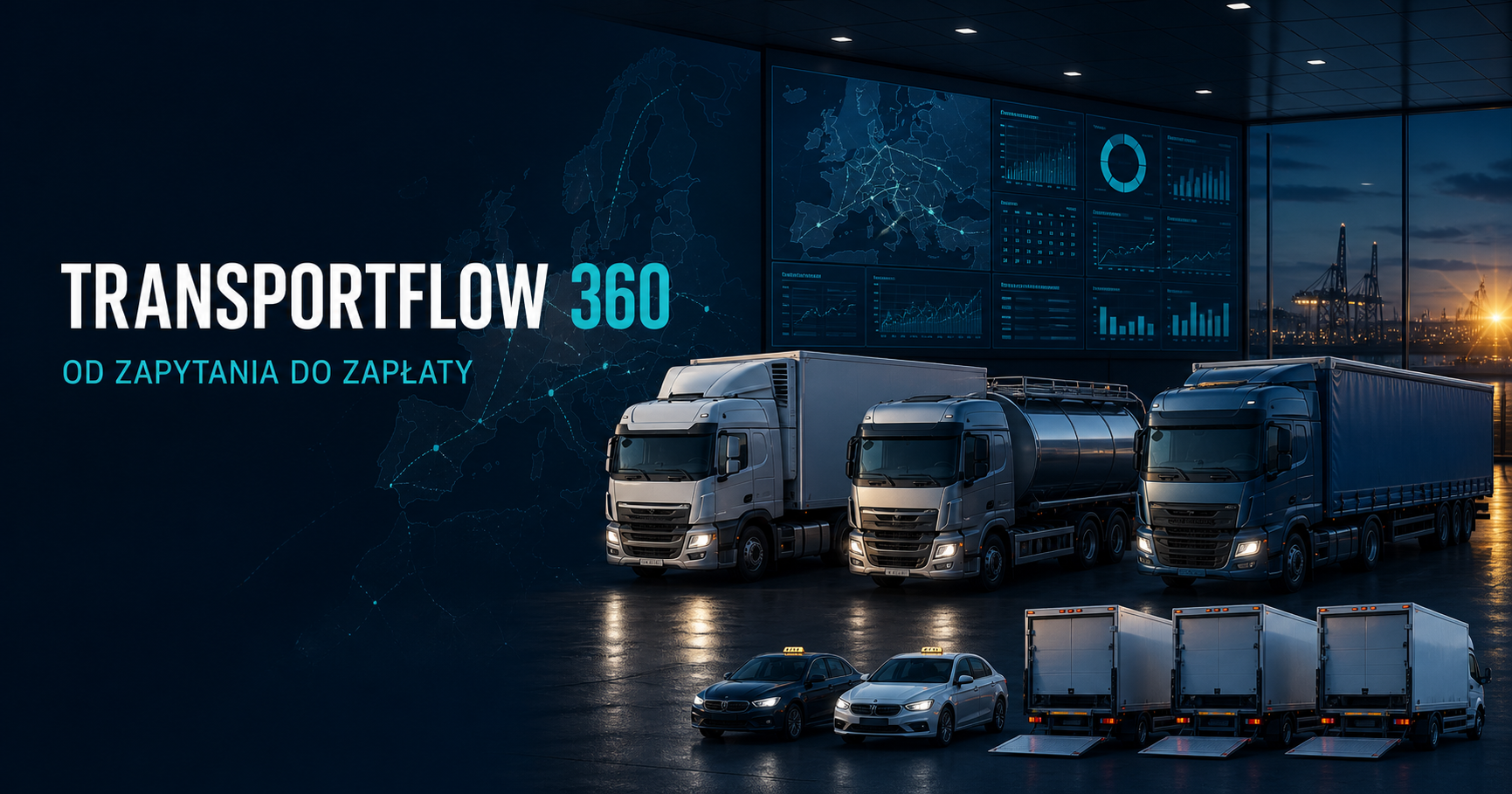 TransportFlow 360, ciężarówki, taxi, kontenery i panel zarządzania transportem